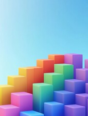 Obraz premium Isometric 3D preschool background featuring rainbow blocks arranged in a stair-like pattern with golden ratio steps and soft shadows against a clear sky background