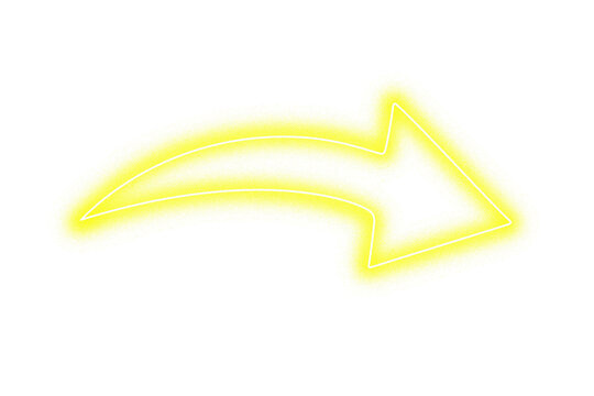 Golden yellow neon glowing arrow curved direction pointer symbol and modern light sign on transparent background