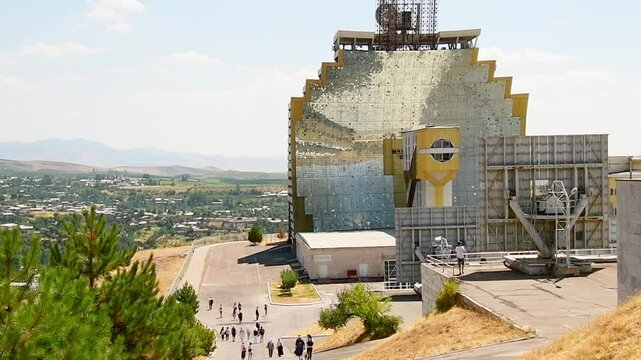 Parkent, Uzbekistan - 10th november, 2023: The solar furnace of Uzbekistan acting as a parabolic reflector. Institute of the sun and Physics of the sun.
