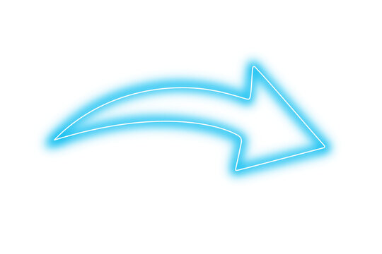 Teal blue neon glowing arrow curved direction pointer symbol and modern light sign on transparent background