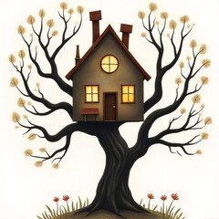 Cubism illustration of a magical treehouse with fragmented branches