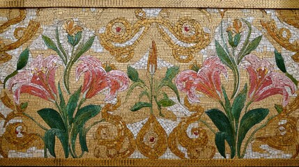 Decorative mosaic with flowers and golden elements