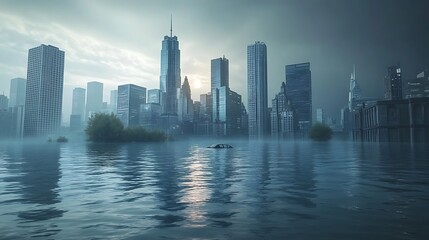 Obraz premium Rising Sea Levels Flood a Modern Futuristic City With Submerged Buildings and Skyline
