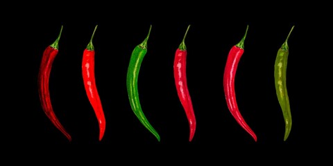 Set isolated red green hot chilli  peppers   on black background. Watercolor style illustration, minimalistic design.