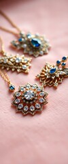 group of necklaces sitting on top of a pink cloth