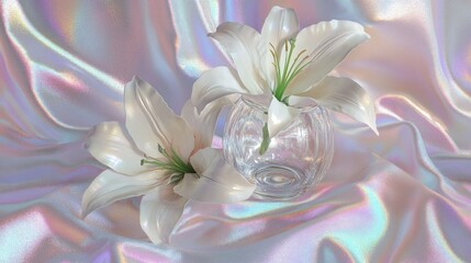 Fototapeta premium Delicate white lilies in a glass vase on iridescent fabric.