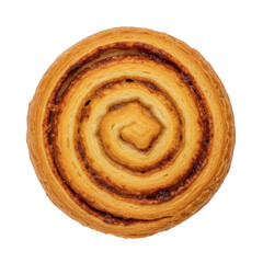 Detailed overhead shot of a sweet pastry with a spiral design, baked to golden perfection, isolated on transparent background