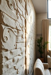 white couch sitting next to a brick wall