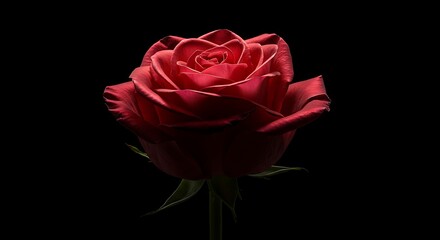 Fototapeta premium A single, perfect red rose, its velvety petals unfurling in a classic spiral, emerges dramatically from a deep, pure black background.