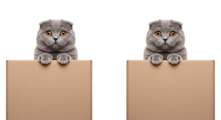 Two gray kittens with floppy ears peering over a cardboard box with their paws, isolated on transparent background