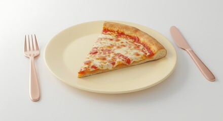 Minimalistic flat lay of one slice of pizza on a pastel plate with elegant utensils, creative negative space composition