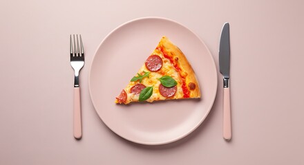 Minimalistic flat lay of one slice of pizza on a pastel plate with elegant utensils, creative negative space composition