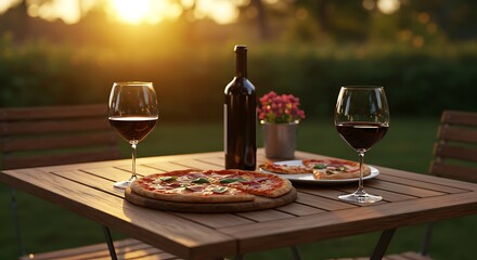 A cozy outdoor pizzeria table at sunset with half-eaten pizza and two glasses of red wine