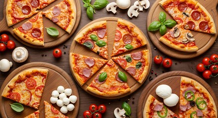 A bird’s eye view of different pizza slices on wooden boards, surrounded by fresh ingredients
