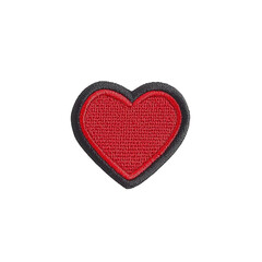Fototapeta premium Red heart shaped embroidered patch with black border, perfect for adding touch of love to clothing or accessories. This patch is ideal for DIY projects and personalizing items