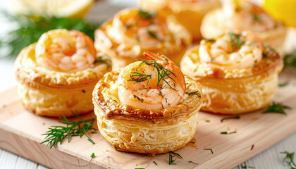 Puff pastry vol-au-vents with shrimp and dill. AI