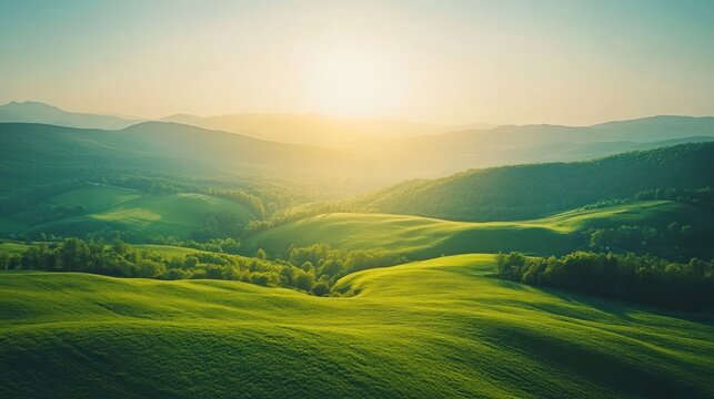 Lush green hills bathed in sunrise light
