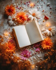 An open notebook surrounded by flowers, conveying beauty, peace and serenity. The image features a book with blank pages surrounded by an array of flowers and petals