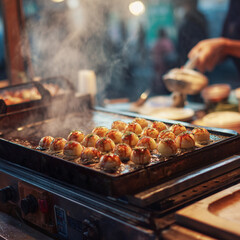 Japanese street food stall with takoyaki balls cooking on a hot plate