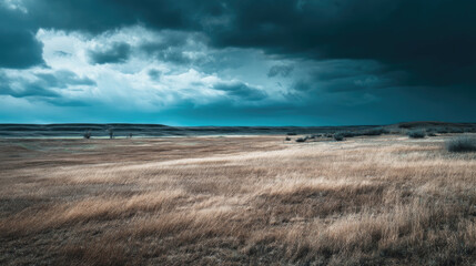 Vast open field of dry grass under a dramatic, stormy sky. Moody, expansive landscape