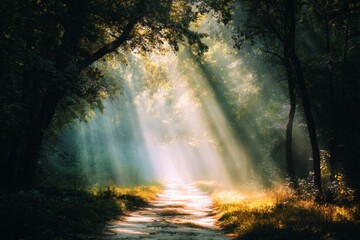 Fototapeta premium Sunbeams breaking through the dense canopy of a forest, illuminating a path ahead. The scene is serene and mystical, evoking a sense of wonder and exploration.