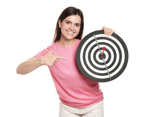 Targeting. Smiling woman pointing at dart board with arrow on white background