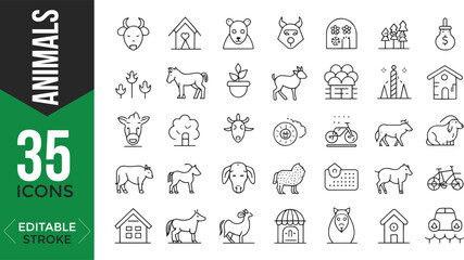 Animals Line Icons Set – Editable Thin Line Style Vector of Farm, Domestic & Wild Animals

