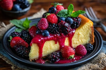 Delicious Cheesecake with Berry Topping - Creamy cheesecake, sweet berries, delightful glaze, summer dessert, perfect treat