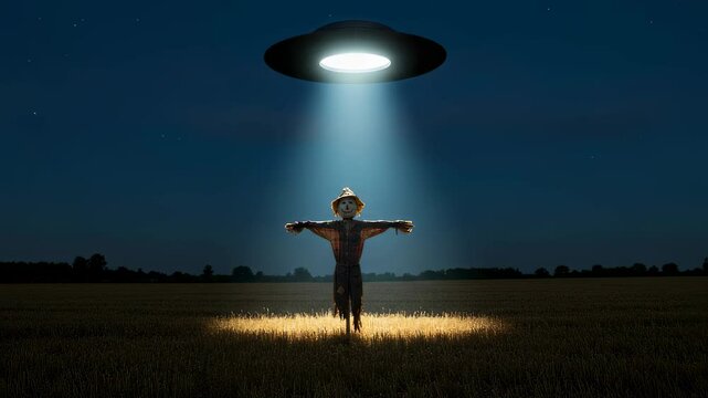 Scarecrow standing in mysterious light beam from alien ufo spaceship hovering over field at night during unexpected contact event animation footage.