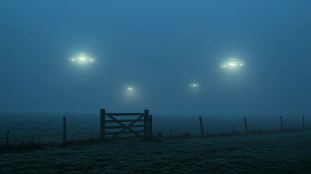 Unidentified flying objects appear in the foggy night sky over a dark rural field. Mysterious ufo sightings and potential extraterrestrial alien invasion concept footage.