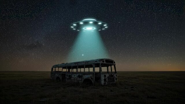 A glowing ufo hovers above an abandoned bus in a starry night field, casting a bright light beam, symbolizing alien encounter and sci-fi mystery footage.
