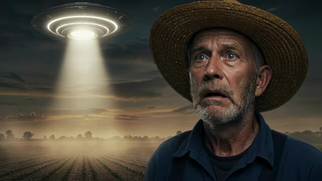 An older farmer man is shocked watching a powerful light beam from a flying ufo object descend onto his crop field during sunrise or sunset. Extraterrestrial intelligence concept footage.