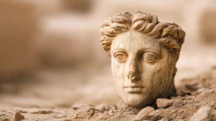 Obraz premium Ancient marble head of a woman unearthed from archaeological dig site