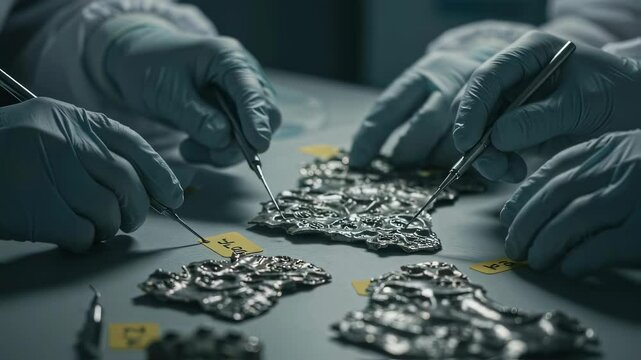 Scientists or technicians carefully examining strange metallic wreckage fragments with tools. Forensic analysis of unusual material found at crash site footage.