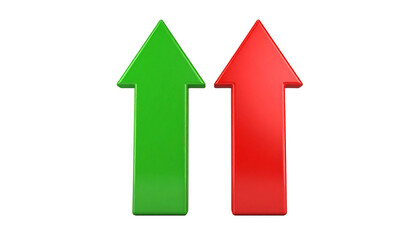 Two 3D arrows pointing upwards, one green and one red. The green arrow is on the left and the red arrow is on the right. Both arrows are shiny and realistic.