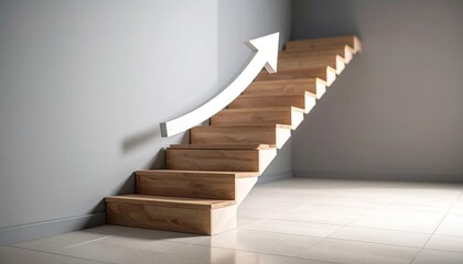 Obraz premium Ascending wooden staircase with upward arrow symbolizing growth and opportunity