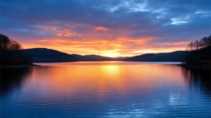 Fototapeta premium Dramatic Sunset over Serene Lake - Peaceful sunset scene, reflecting vibrant colors on calm water, serene landscape, tranquil atmosphere, nature's beauty