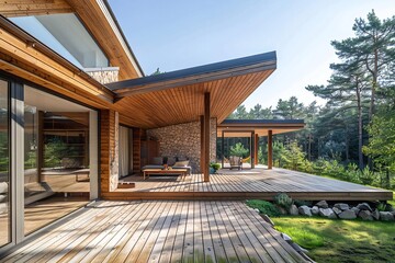 A serene and inviting modern house with a large deck and lush garden, featuring stone and wood construction, comfortable seating, and well-maintained surroundings.