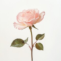 Pale pink rose with leaves illustration on white background