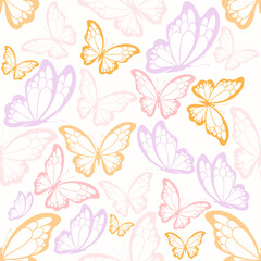 Seamless pastel butterfly pattern in pink, purple, and orange. Cute and soft design for fabric, wallpaper, wrapping paper, or kids&rsquo; decor. Light and elegant spring or summer background.