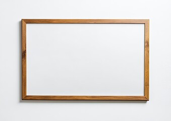 Empty light brown wooden picture frame on a white wall