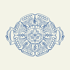 Hand drawn traditional plate. Round tray ink sketch with floral ethnic ornament. Mediterranean tableware line art vector illustration. Patterned whimsical utensil.