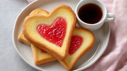 Heart Toast and Coffee: A Romantic Breakfast - Sweet heart-shaped toast with strawberry jam, perfect for Valentine's Day. Symbolizes love, romance, breakfast, sweetness, and togetherness