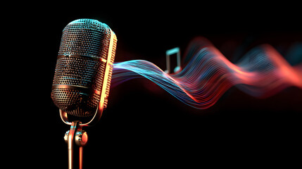microphone on dark background with tone symbol moving with waves