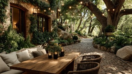 Obraz premium Charming Outdoor Living Space with Rustic Furniture and String Lights