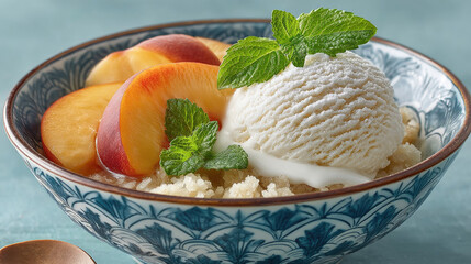 Dessert bowl featuring vanilla ice cream, peaches, mint, and crumbly base