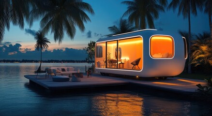 Futuristic pod home on a tropical dock at twilight