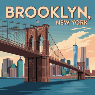 Brooklyn New York Bridge Skyline Vintage Travel Poster