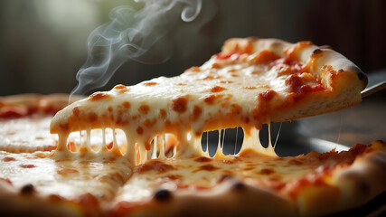 A delicious slice of pizza with melty cheese and steam freshly baked and served