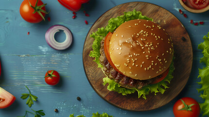 A top down view of a burger on a wooden plate with tomatoes and onion on a blue background surface